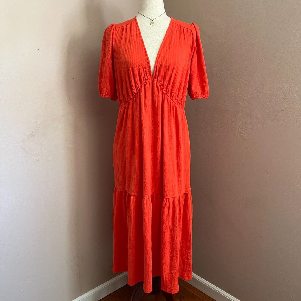 Boden Orange Midi Dress Puff Sleeve Tiered Cotton Cottage Vacation Feminine US 6